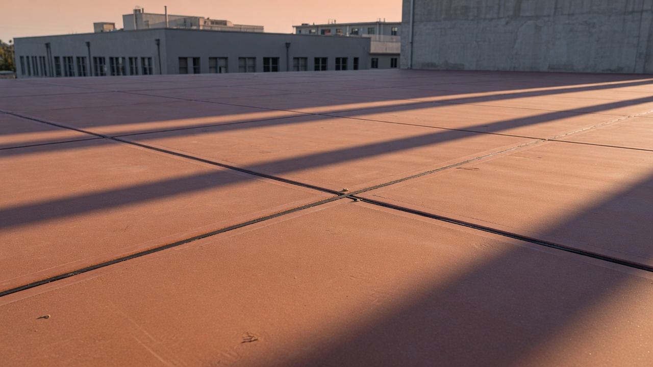 Integrally colored concrete plaza in warm oxide light