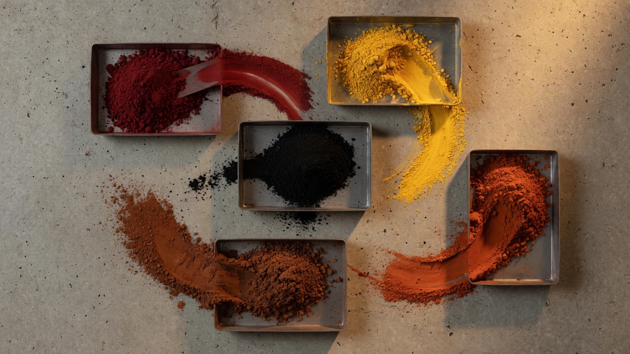 Iron oxide pigment powders in steel trays